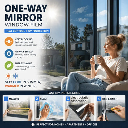 ☀️ One-Way Privacy Window Film – Daytime Mirror Effect, Heat Blocking & UV Protection
