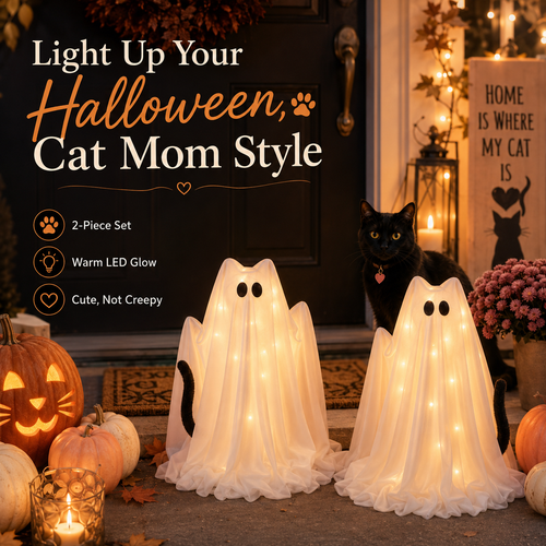 👻 40% OFF | 2-Piece Light-Up Ghost Cat Set – Cute & Cozy Halloween Decor for Cat Lovers 🐾