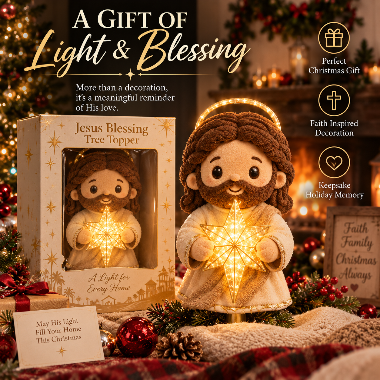 🌟🎄Cute Jesus Blessing Tree Topper – A Light of Faith for Your Christmas Tree