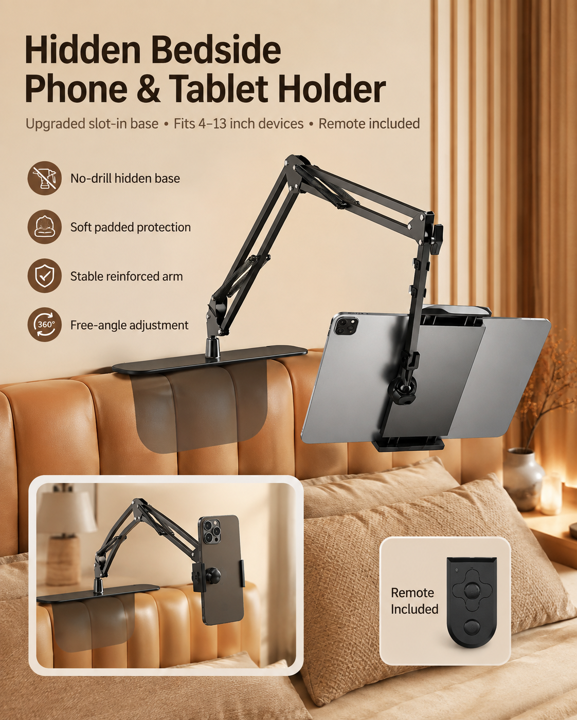 Hidden bedside phone and tablet holder