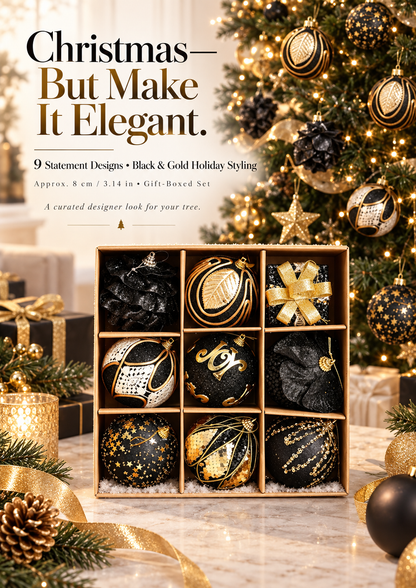 ✨ SAVE 42% | Luxe Black & Gold Christmas Ornament Collection – 9-Piece Set🖤