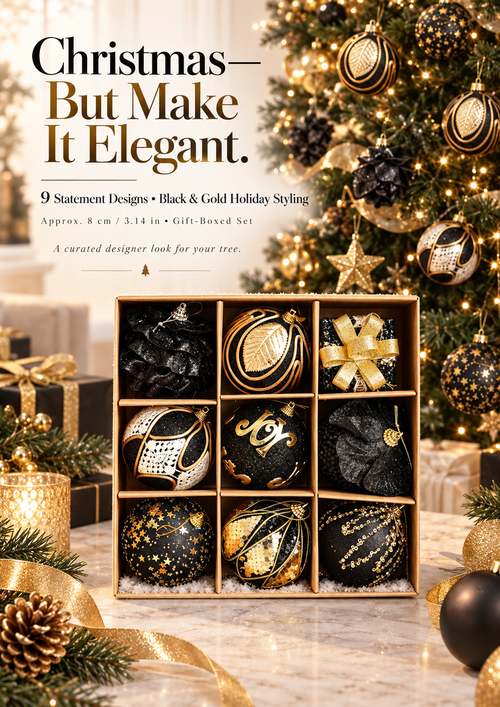 ✨ SAVE 42% | Luxe Black & Gold Christmas Ornament Collection – 9-Piece Set🖤