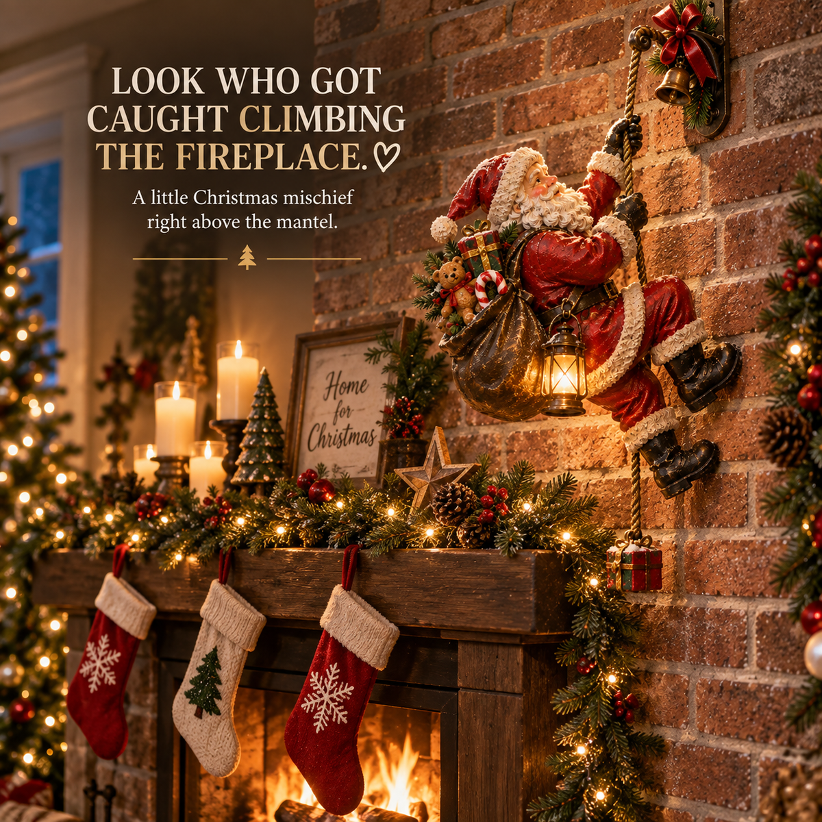 Santa climbing above a Christmas fireplace