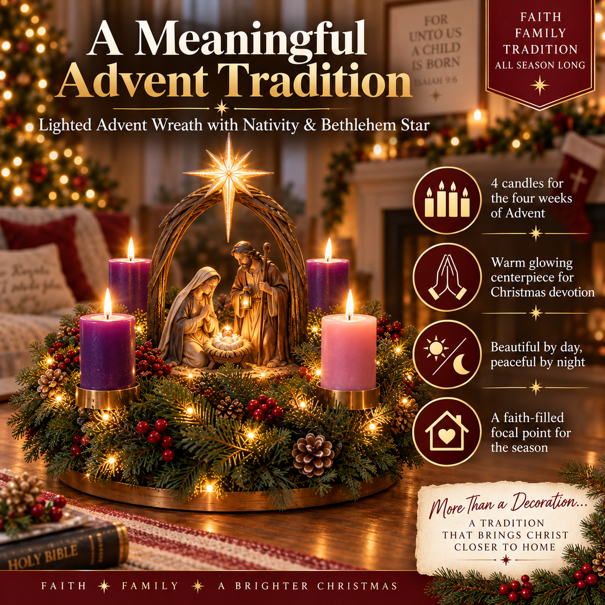 🔥 Limited-Time 49% OFF – ✝️ Lighted Nativity Advent Wreath – A Sacred 4-Week Christmas Tradition