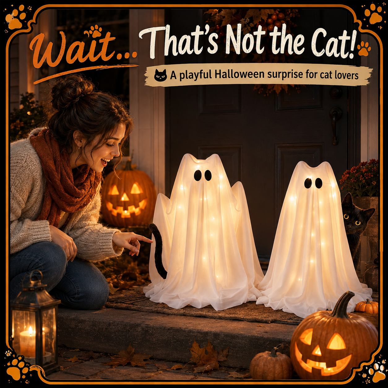 Woman discovering ghost cat Halloween decoration