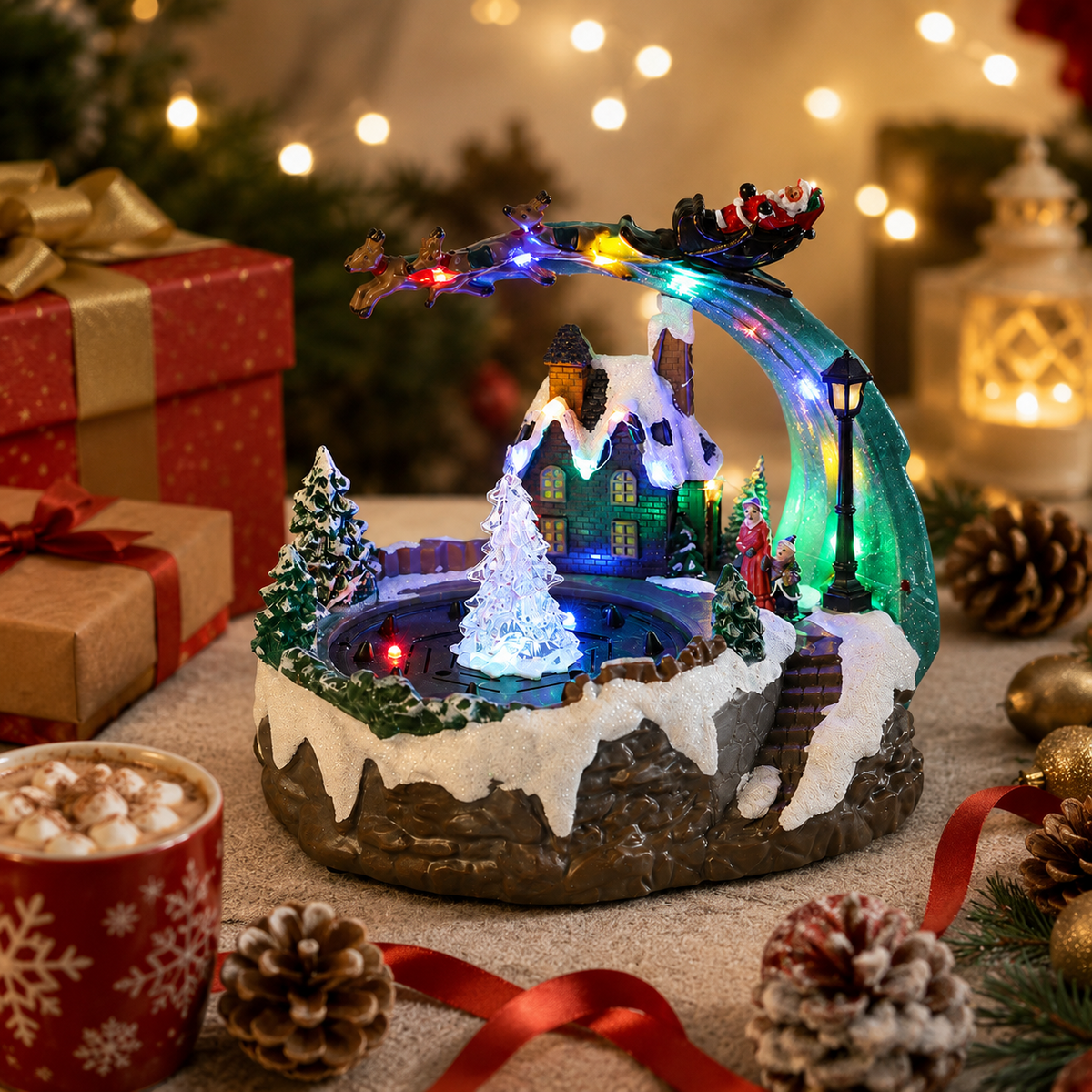 🎄 Animated Christmas Village Fountain – Dancing Water, Lights & Holiday Music ✨