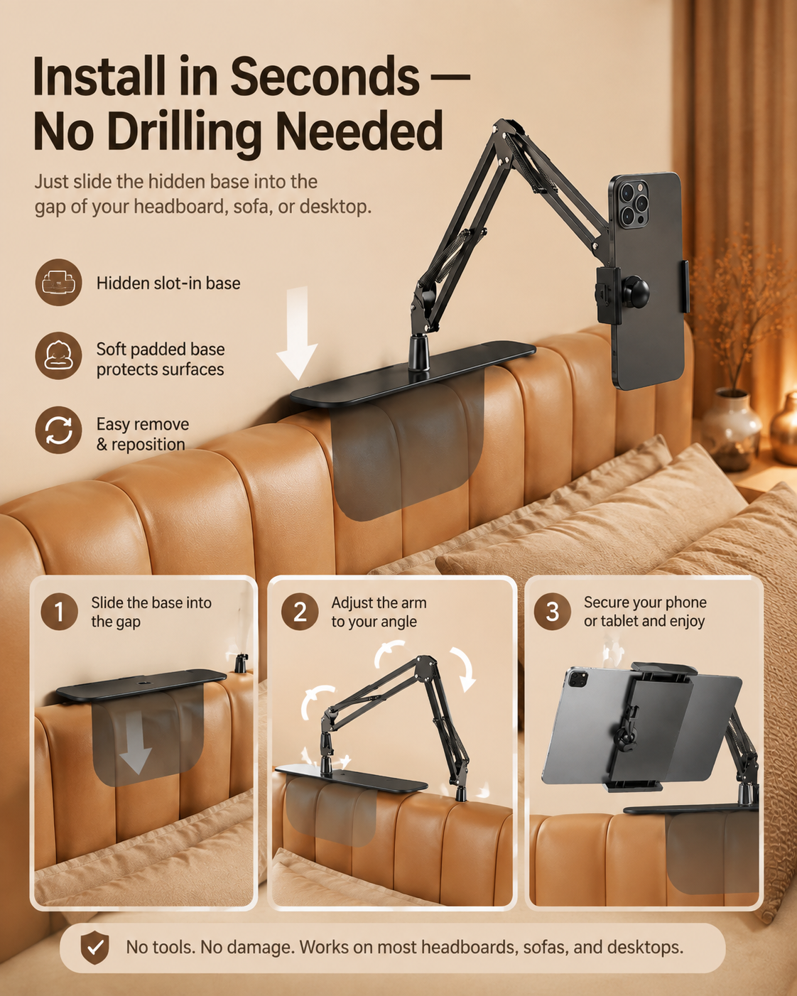 No drill hidden base phone holder installation