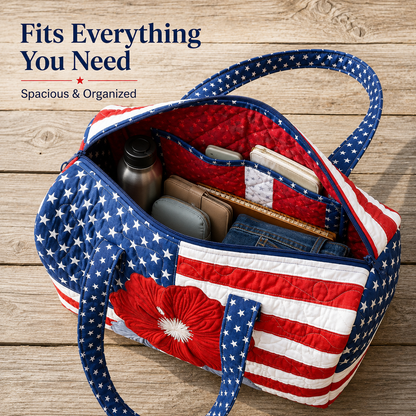 🔥Limited time 55% OFF 🇺🇸🧵 Handcrafted Patriotic Quilted Tote Bag – 3D Floral American Flag Travel Duffel