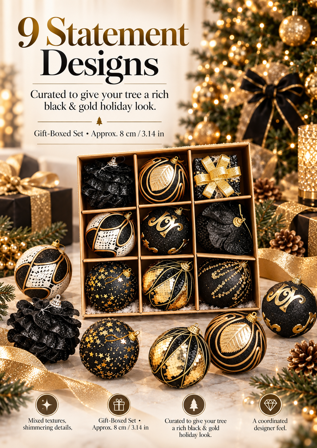 ✨ SAVE 42% | Luxe Black & Gold Christmas Ornament Collection – 9-Piece Set🖤
