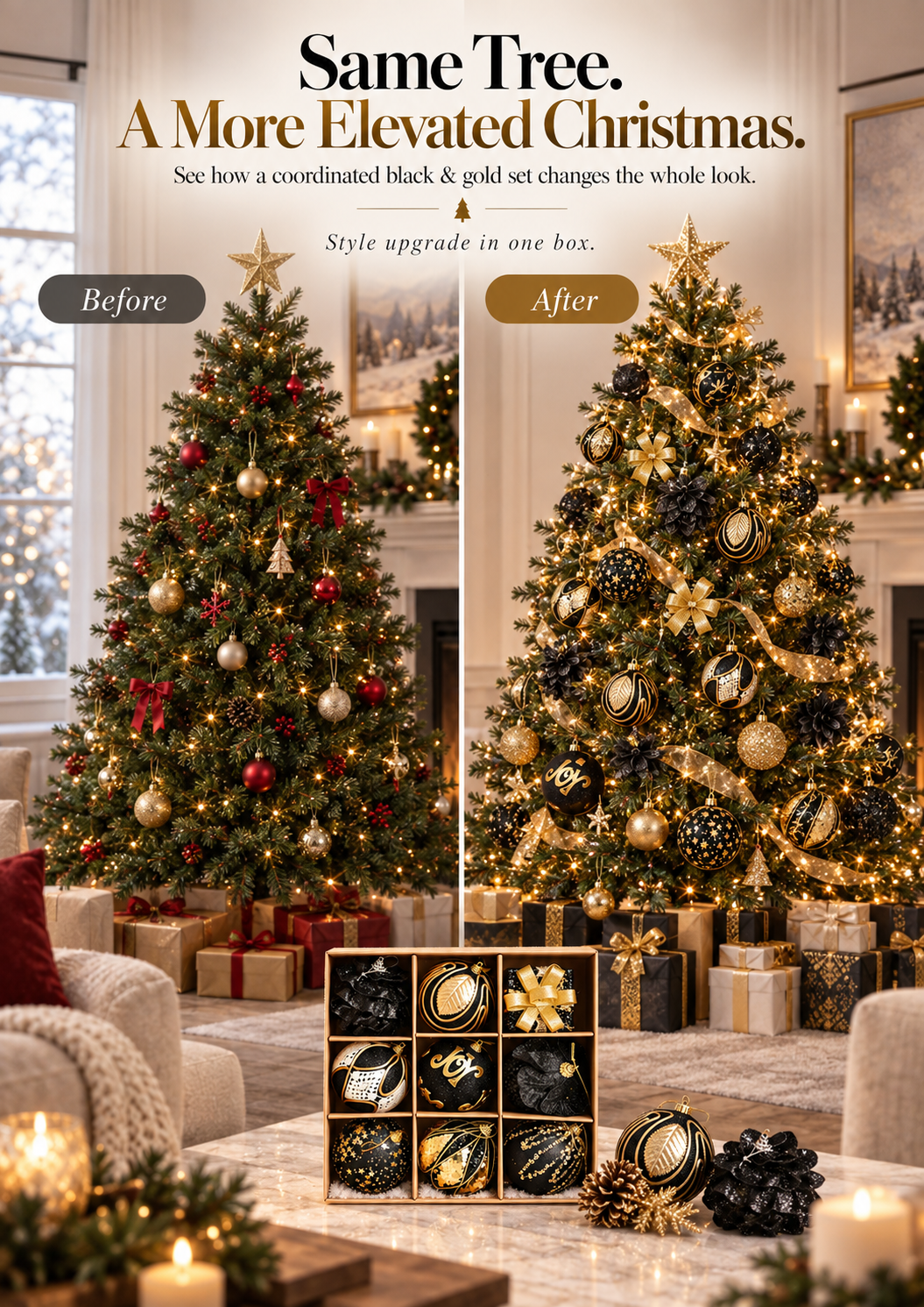 ✨ SAVE 42% | Luxe Black & Gold Christmas Ornament Collection – 9-Piece Set🖤