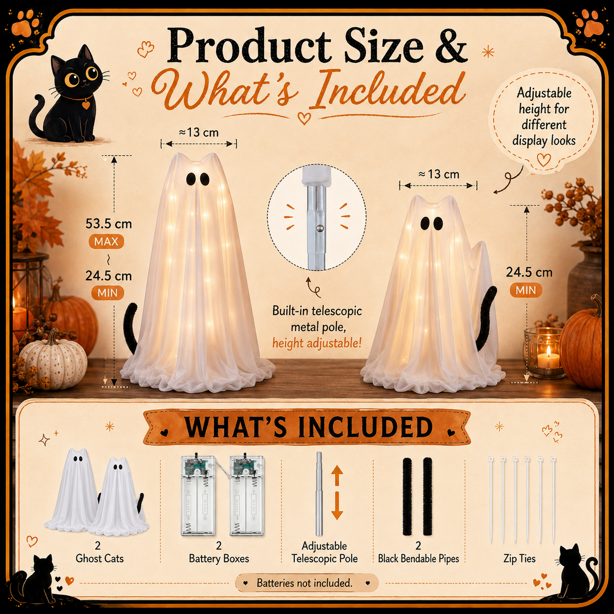 Ghost cat Halloween decoration size and included parts