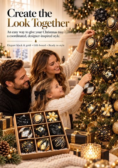 ✨ SAVE 42% | Luxe Black & Gold Christmas Ornament Collection – 9-Piece Set🖤