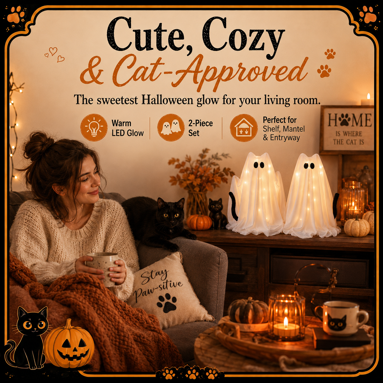 Cat lover relaxing with ghost cat Halloween decorations