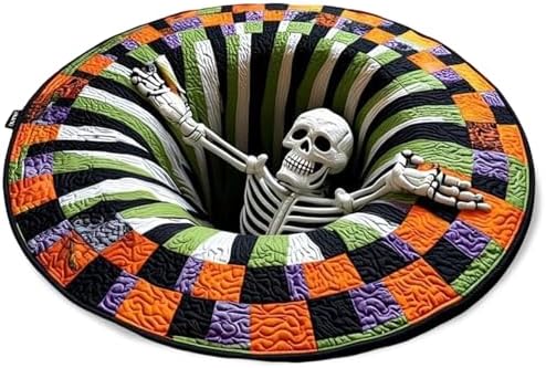 👻 3D Optical Illusion Skeleton Vortex Quilted Round Halloween Rug