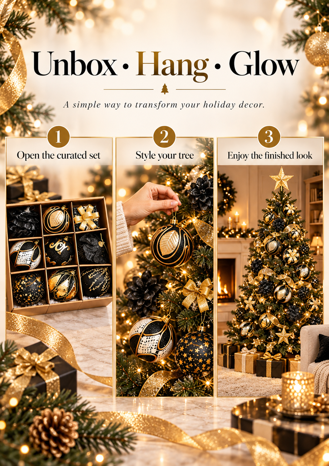 ✨ SAVE 42% | Luxe Black & Gold Christmas Ornament Collection – 9-Piece Set🖤