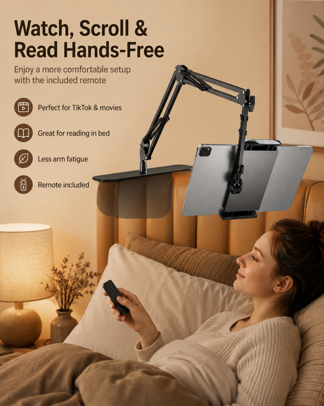 Hands free bedside phone tablet holder with remote