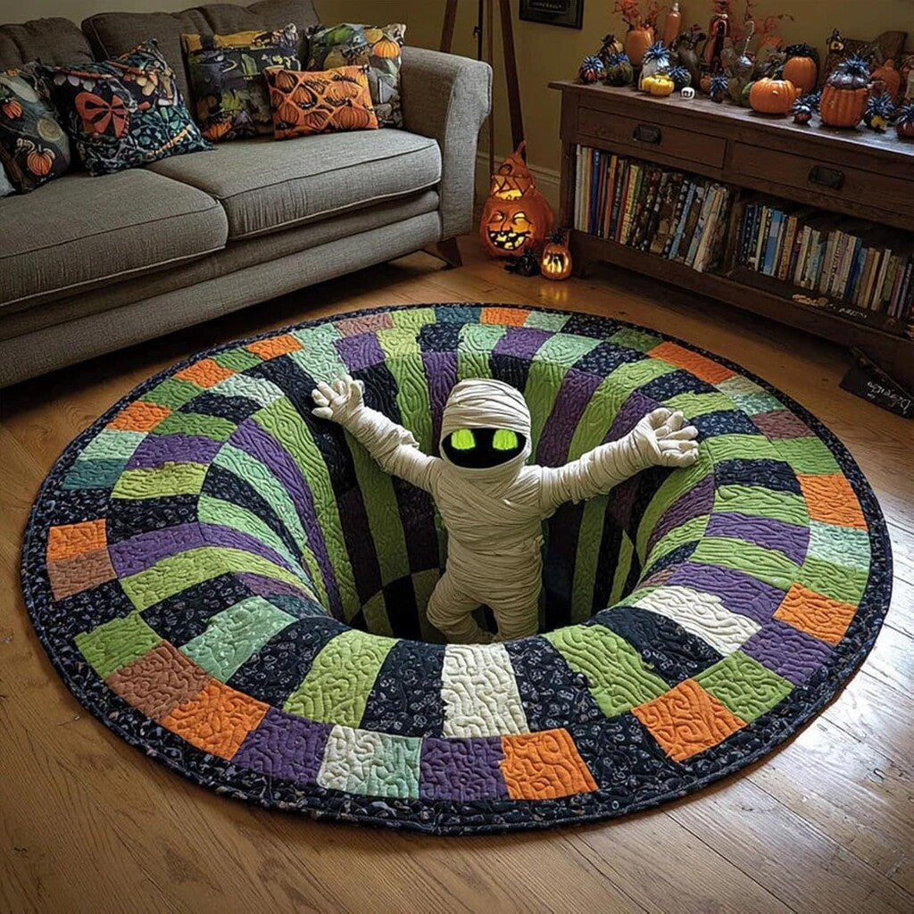 👻 3D Optical Illusion Skeleton Vortex Quilted Round Halloween Rug