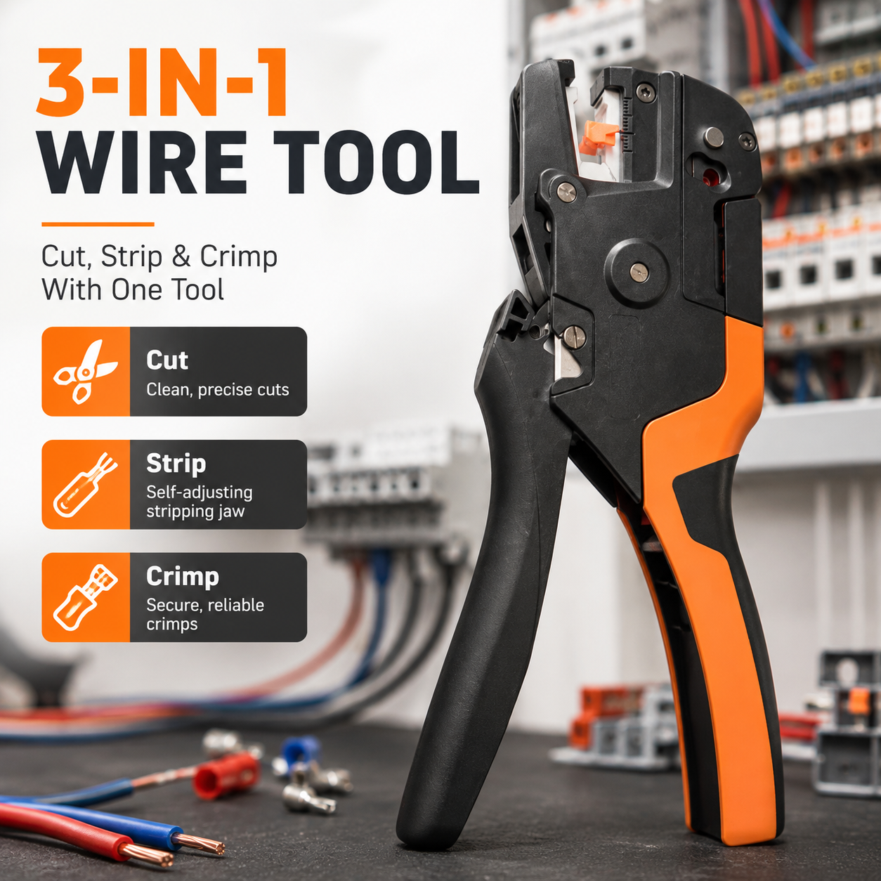 🔧 3-in-1 Self-Adjusting Wire Stripper – Cut, Strip & Crimp Without Switching Tools