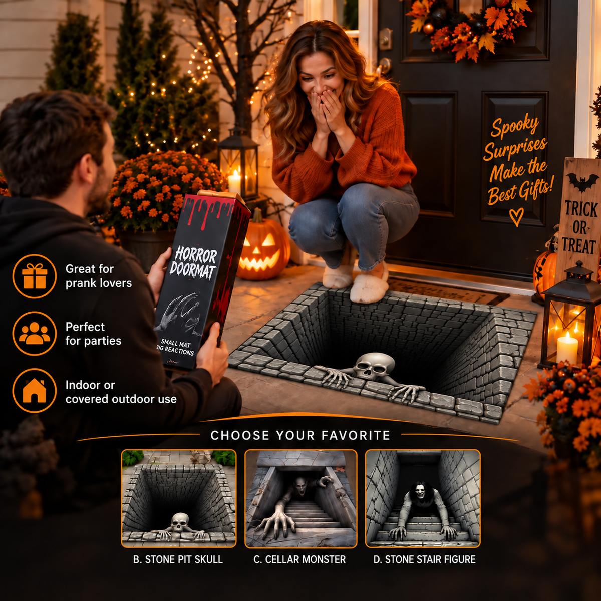 🎃💀Halloween Front Door Mat – Festive 3D Visual Skull & Clown Horror Rug