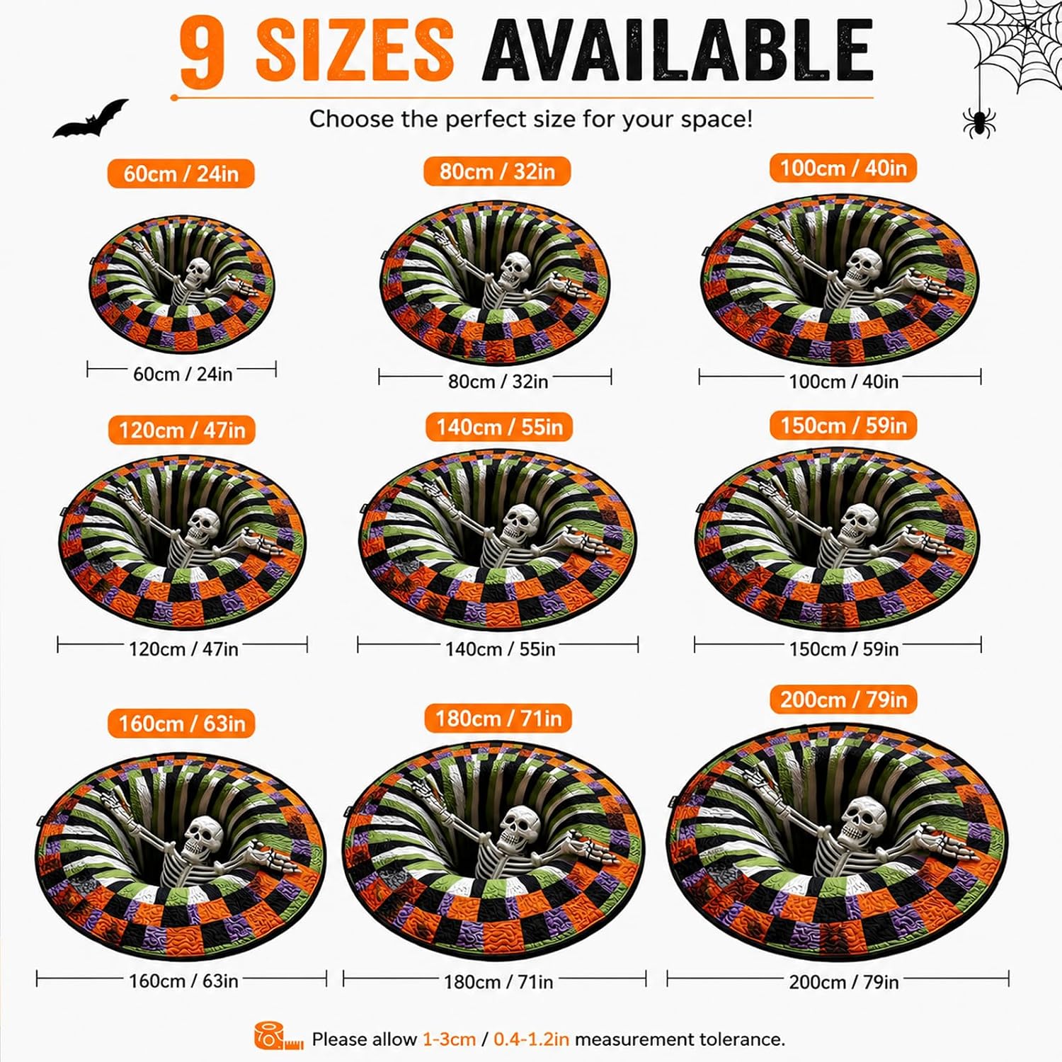 👻 3D Optical Illusion Skeleton Vortex Quilted Round Halloween Rug