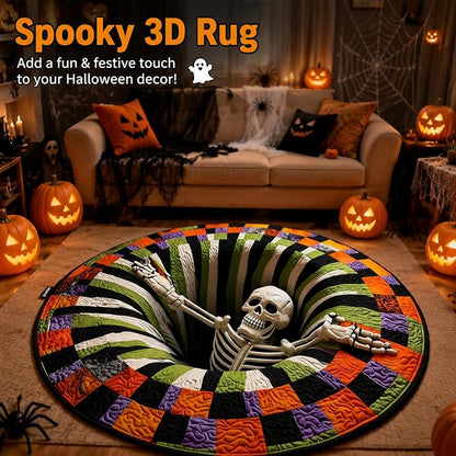 👻 3D Optical Illusion Skeleton Vortex Quilted Round Halloween Rug