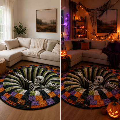 👻 3D Optical Illusion Skeleton Vortex Quilted Round Halloween Rug
