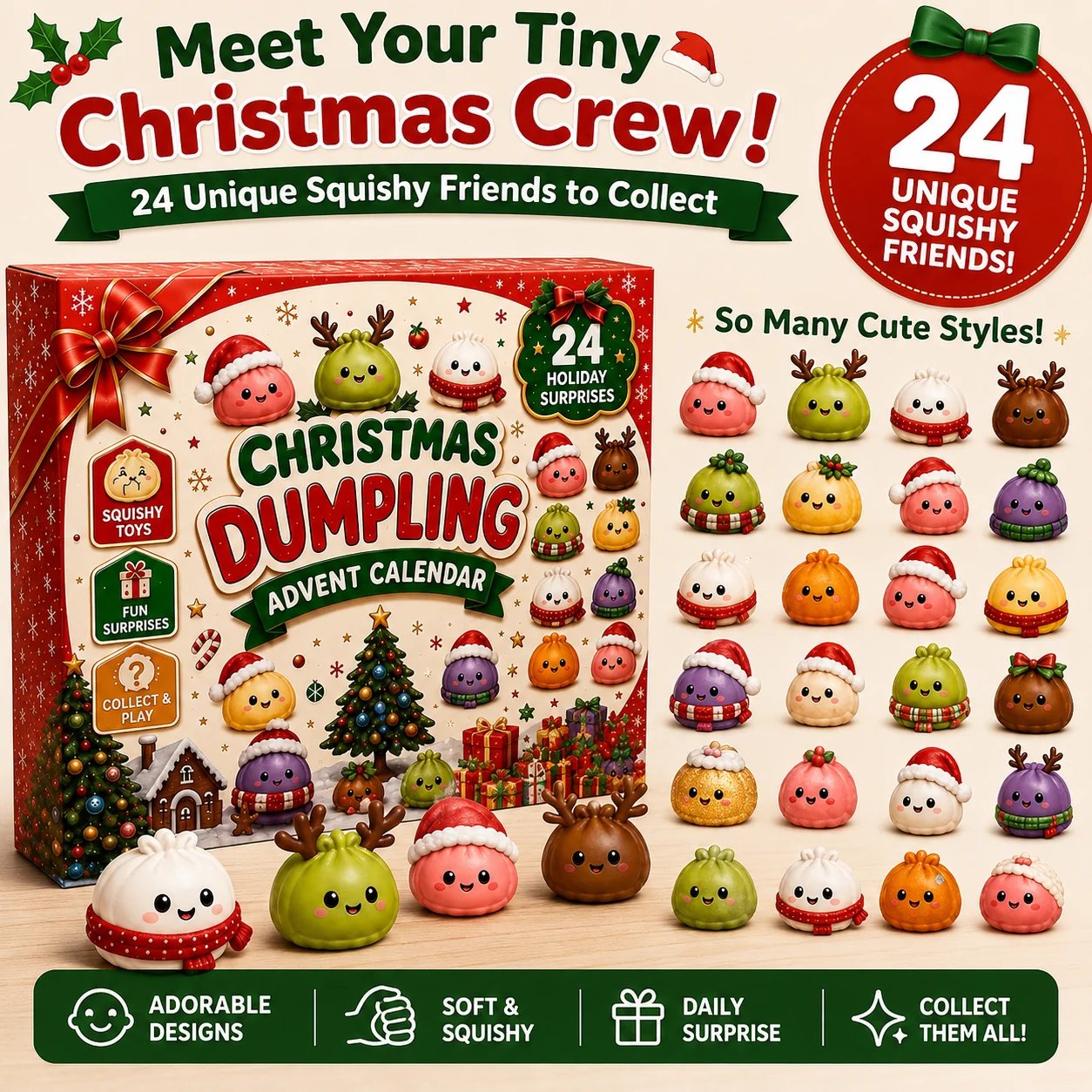 🎁2026 Squishy Advent Calendar – 24 Cute Mini Dumplings for Christmas
