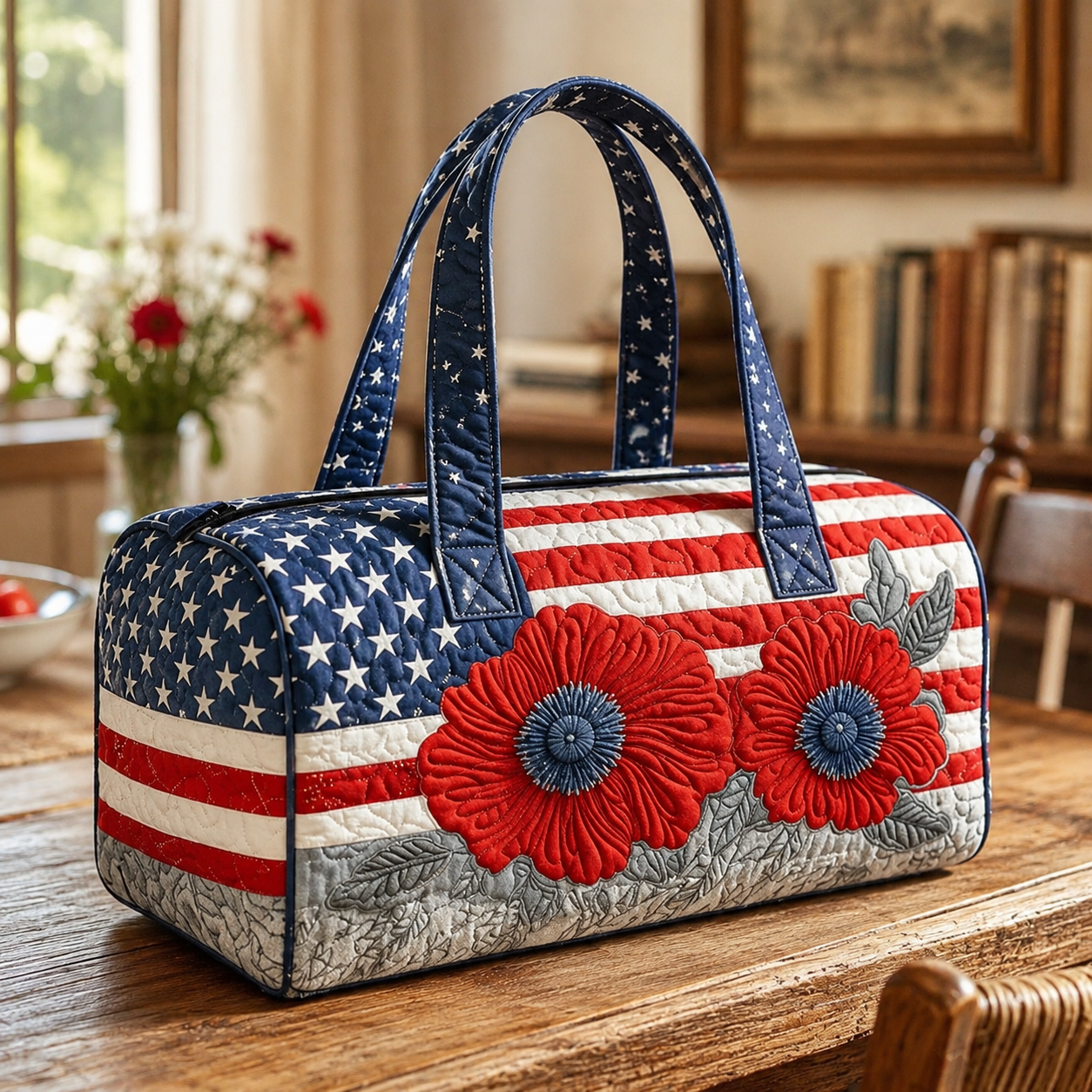 🔥Limited time 55% OFF 🇺🇸🧵 Handcrafted Patriotic Quilted Tote Bag – 3D Floral American Flag Travel Duffel