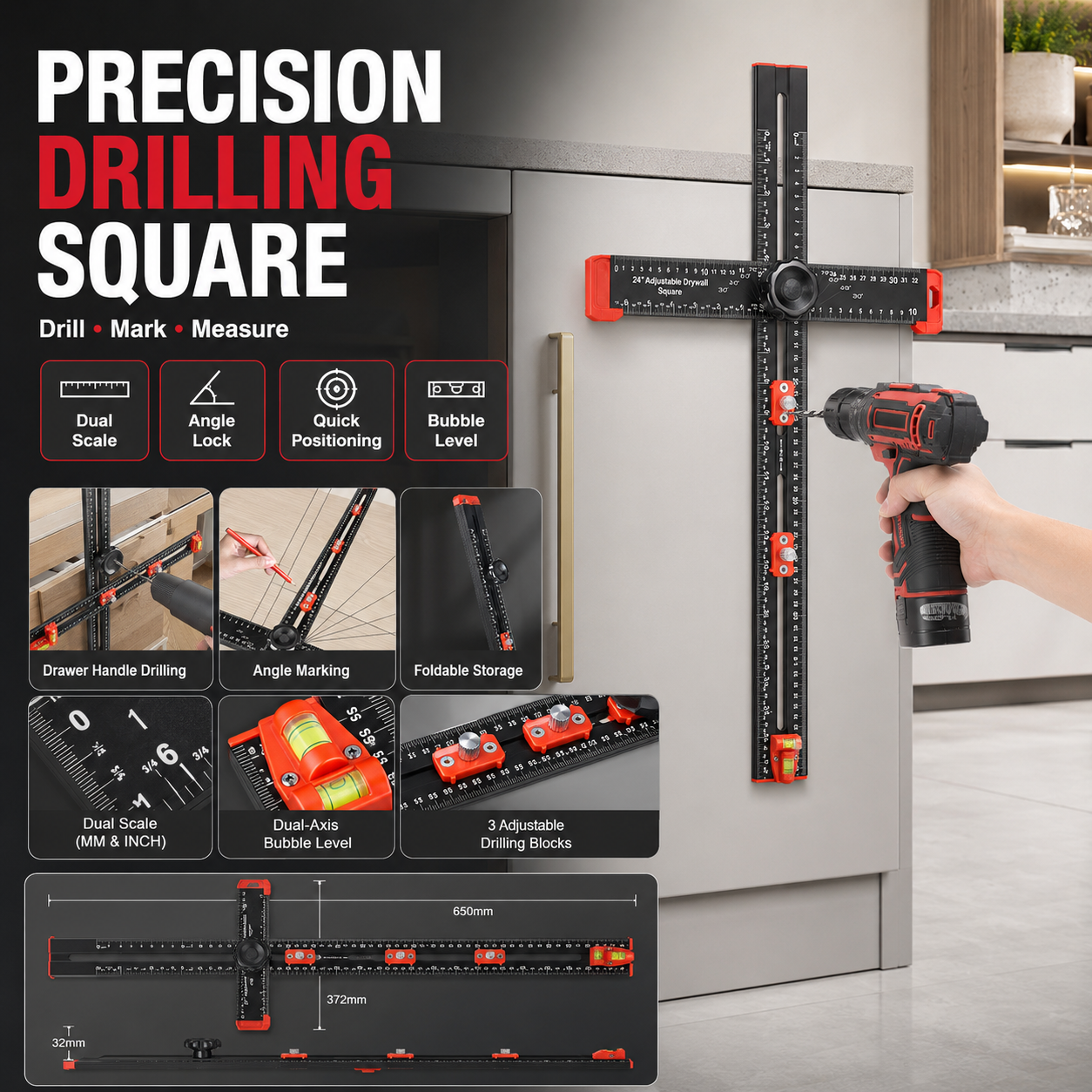 🛠️ 50% OFF | 4-in-1 Adjustable Drilling & Marking Square – Measure, Position, Mark & Drill