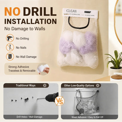 No-Drill Hanging Mesh Storage Bag | Adhesive Wall Organizer