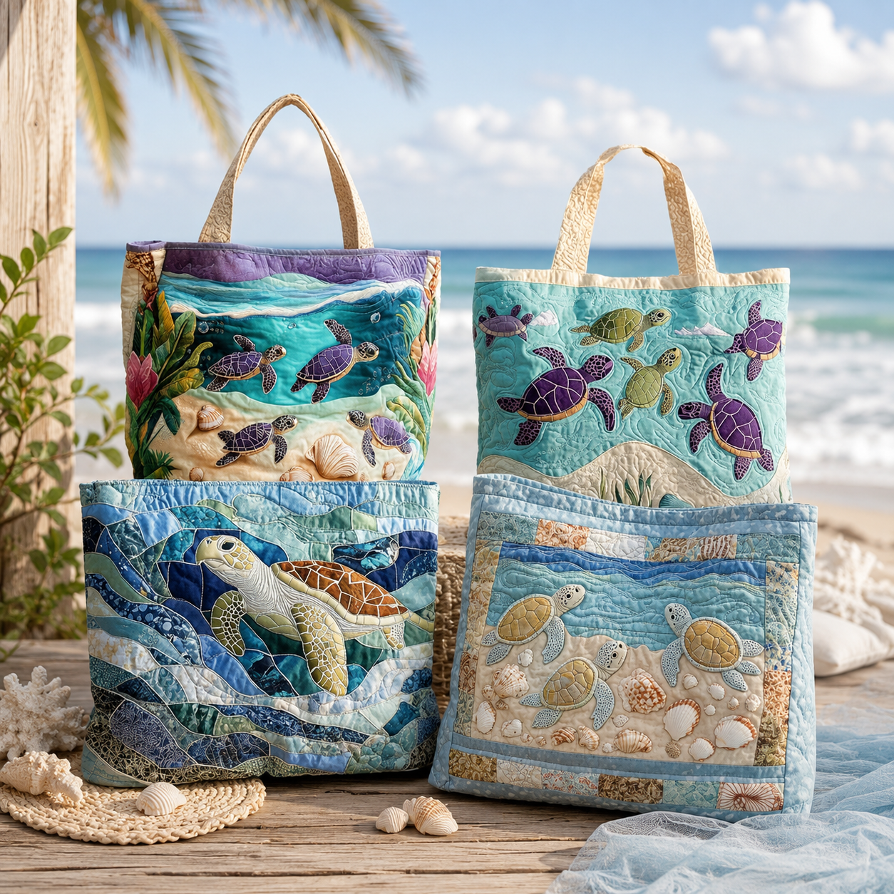 🔥 Turtle Ocean Quilted Tote Bag – Handmade Coastal Beach Bag with Sea Turtle Design