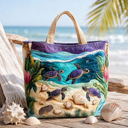 🔥 Turtle Ocean Quilted Tote Bag – Handmade Coastal Beach Bag with Sea Turtle Design