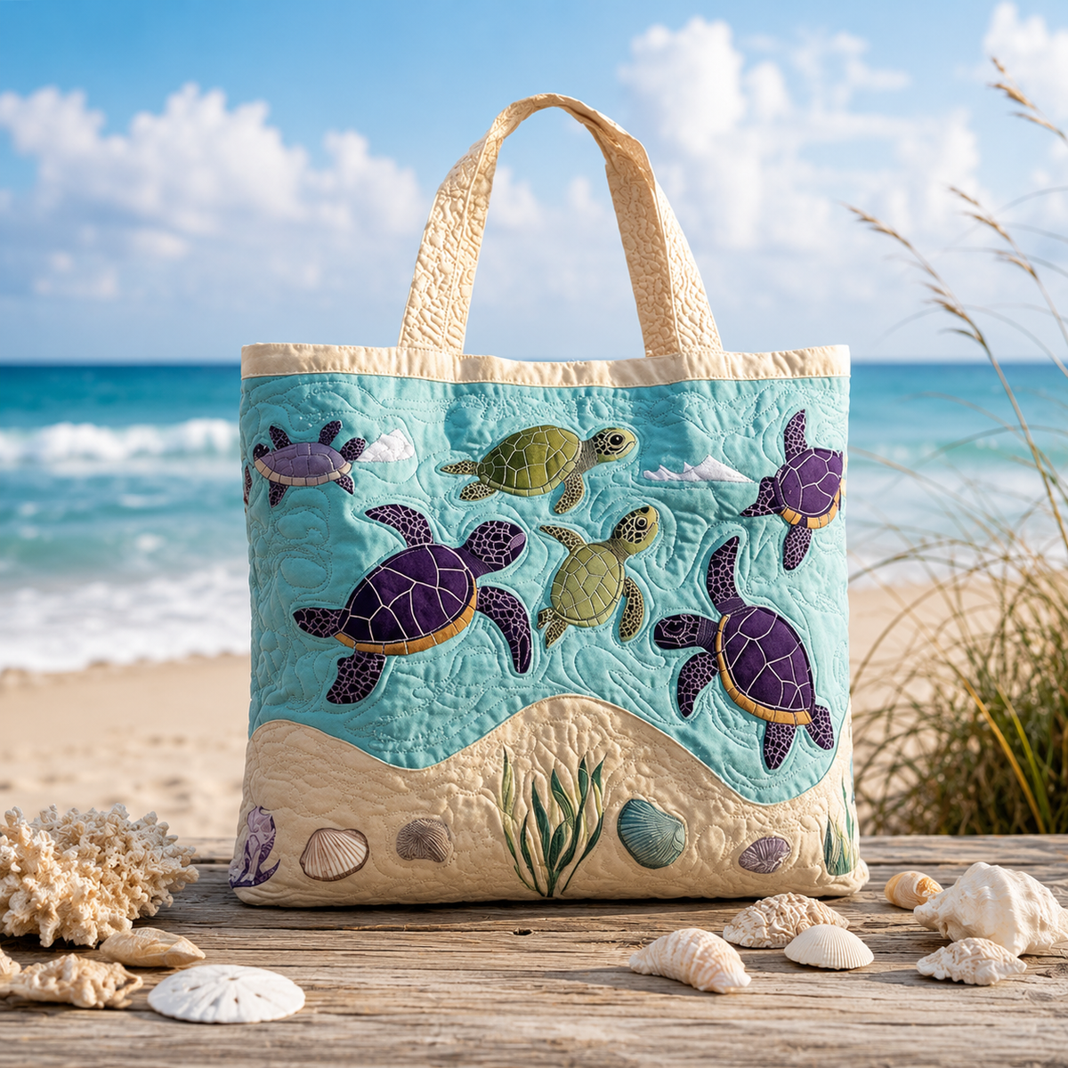 🔥 Turtle Ocean Quilted Tote Bag – Handmade Coastal Beach Bag with Sea Turtle Design