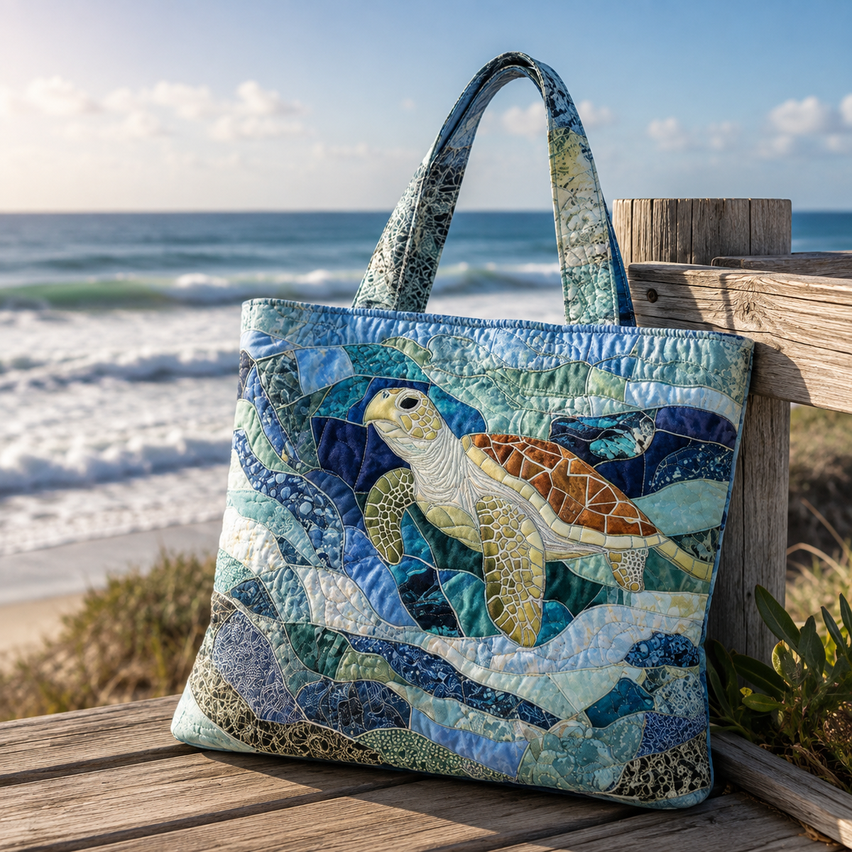 🔥 Turtle Ocean Quilted Tote Bag – Handmade Coastal Beach Bag with Sea Turtle Design