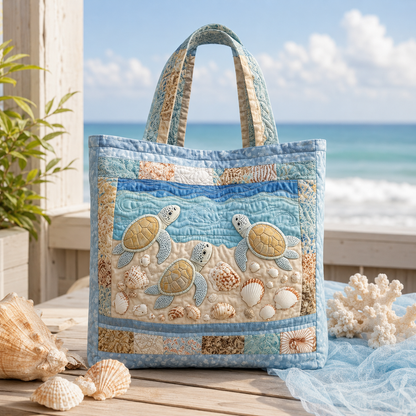 🔥 Turtle Ocean Quilted Tote Bag – Handmade Coastal Beach Bag with Sea Turtle Design