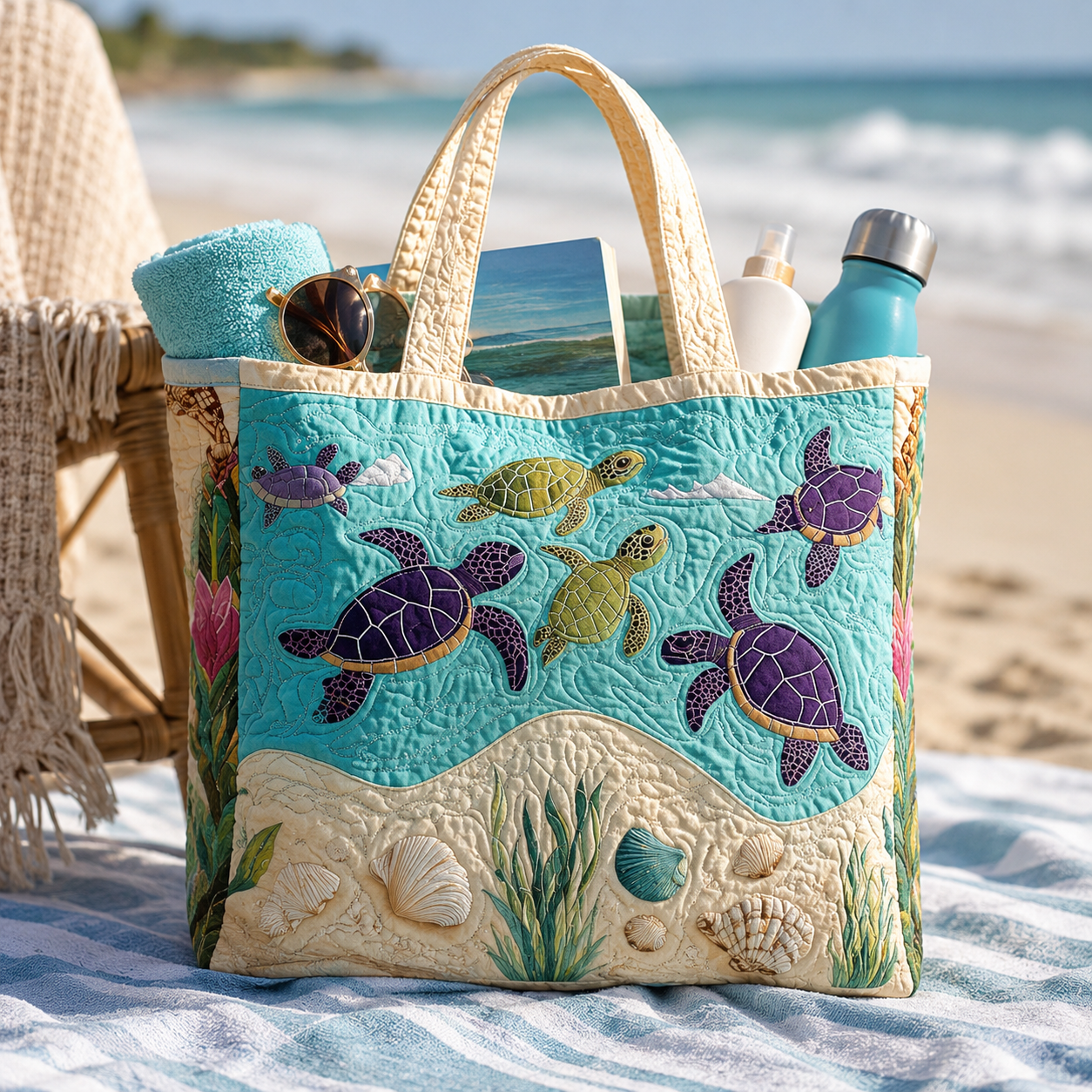 🔥 Turtle Ocean Quilted Tote Bag – Handmade Coastal Beach Bag with Sea Turtle Design