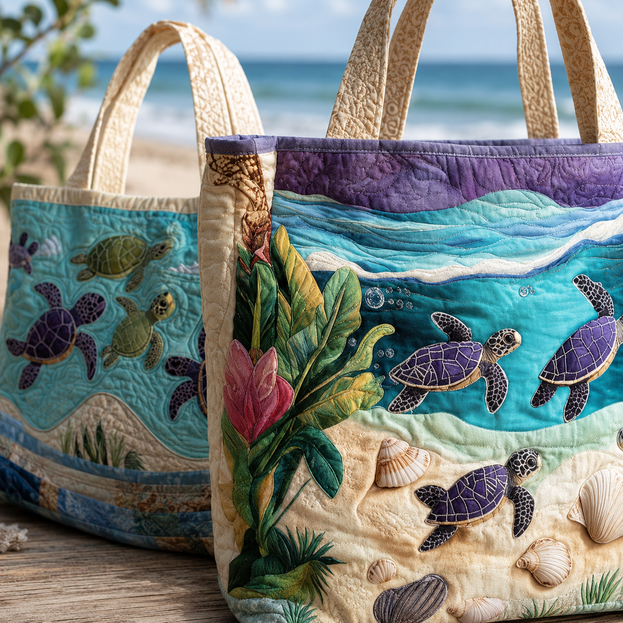 🔥 Turtle Ocean Quilted Tote Bag – Handmade Coastal Beach Bag with Sea Turtle Design