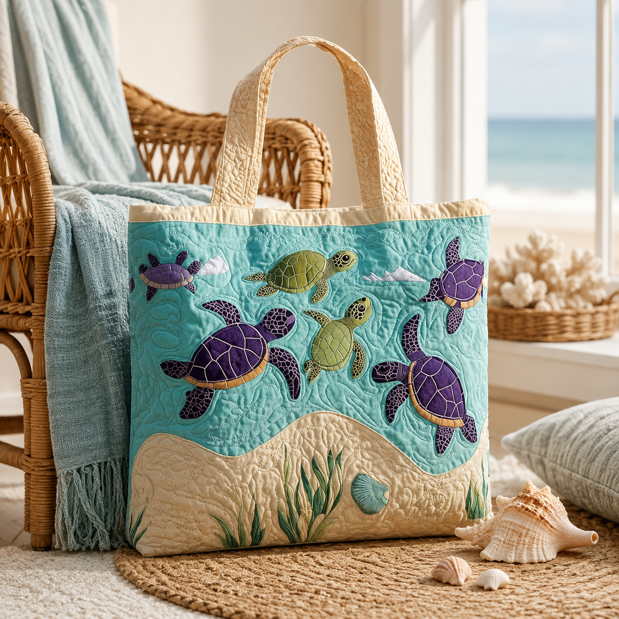 🔥 Turtle Ocean Quilted Tote Bag – Handmade Coastal Beach Bag with Sea Turtle Design