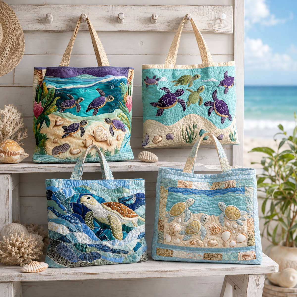 🔥 Turtle Ocean Quilted Tote Bag – Handmade Coastal Beach Bag with Sea Turtle Design