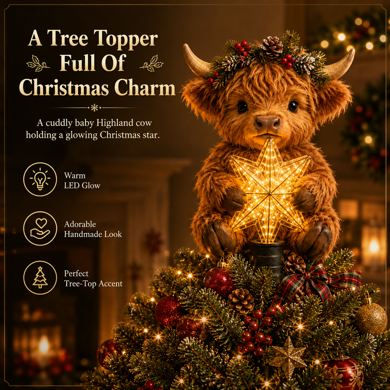 👍👍👍Baby Highland Cow Glowing Star Tree Toppe👍👍👍