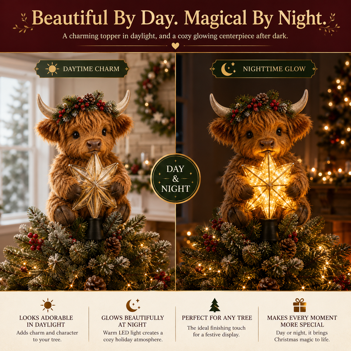 👍👍👍Baby Highland Cow Glowing Star Tree Toppe👍👍👍