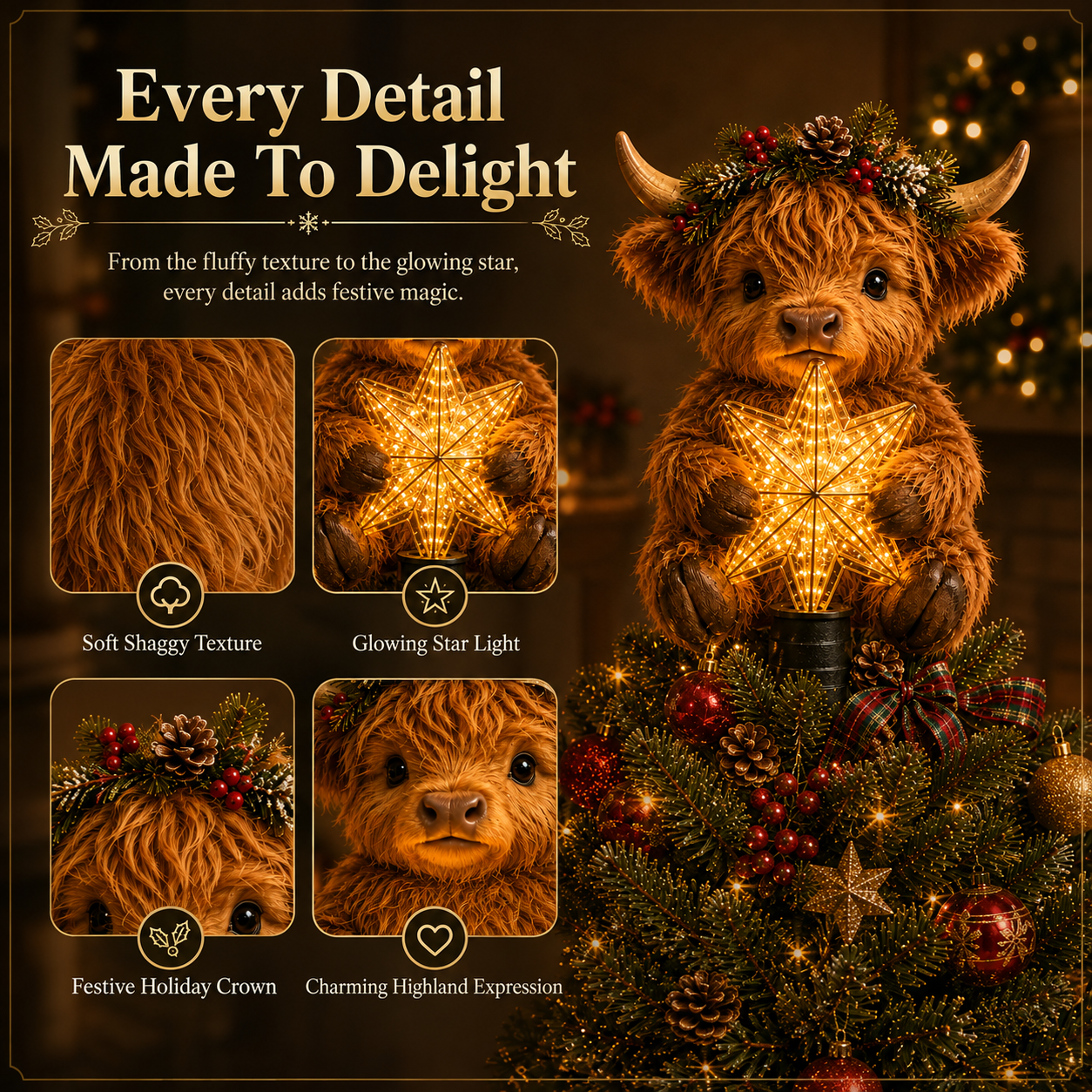 👍👍👍Baby Highland Cow Glowing Star Tree Toppe👍👍👍
