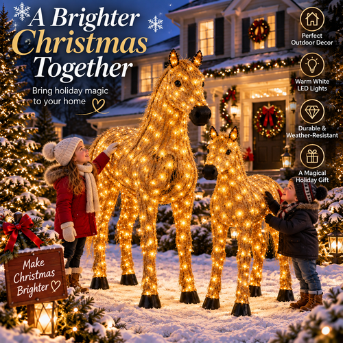 ✨🐎 Light-Up Christmas Horse & Foal Set – Warm White LED Holiday Display