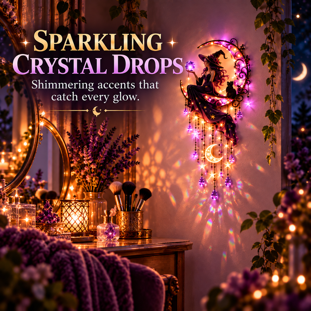 🌙Witch Moon Wall Light with Black Cat & Crystal Hanging Decor🌙