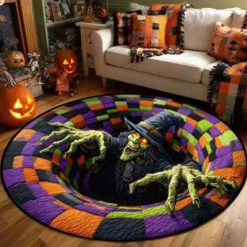 👻 3D Optical Illusion Skeleton Vortex Quilted Round Halloween Rug