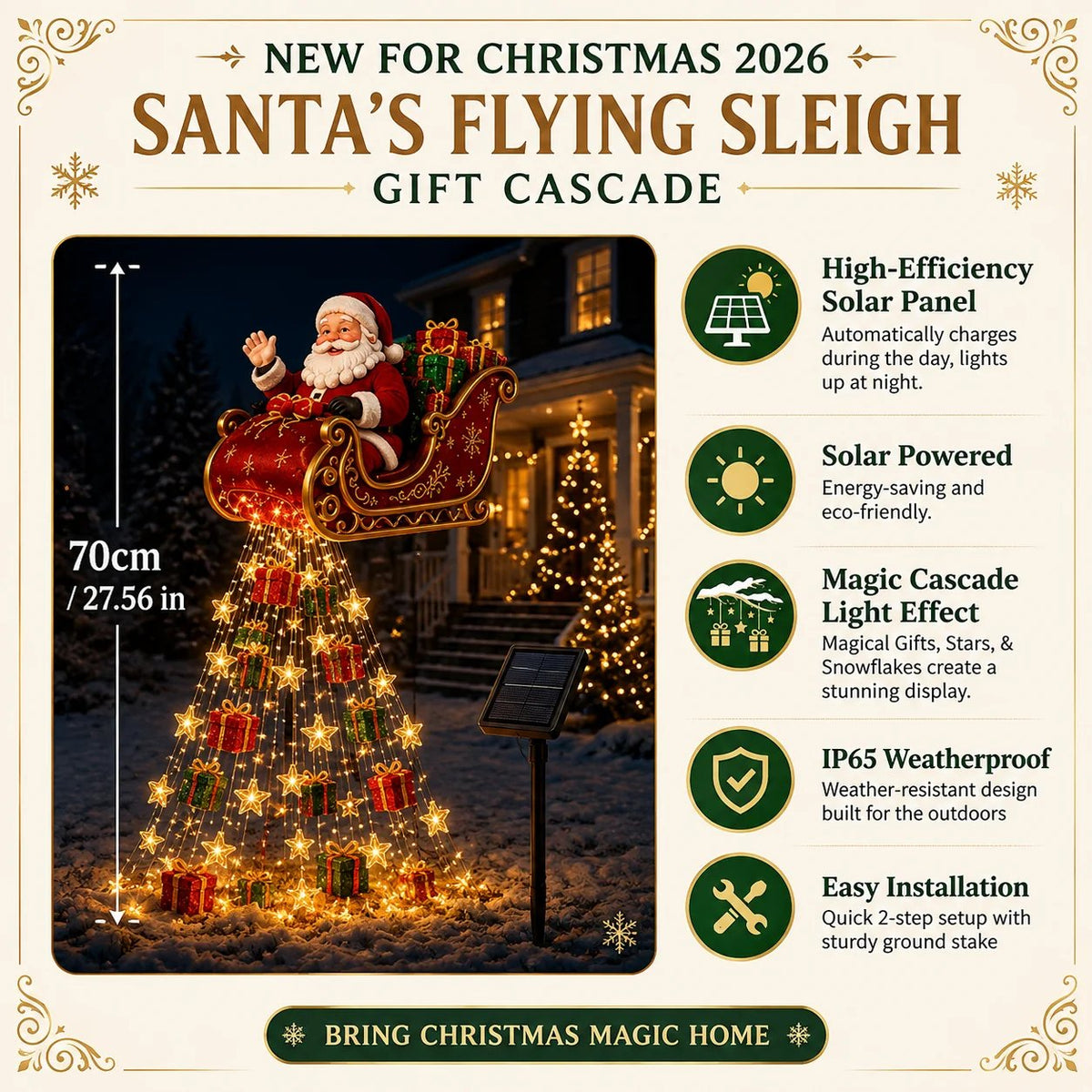 🎅 Holiday Special — Save 49% | Santa’s Magical Flying Sleigh Solar Cascade Light