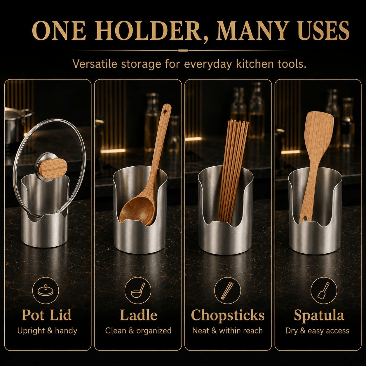 Multi-Functional Stainless Steel Utensil Holder | Vertical Kitchen Countertop Storage Rack