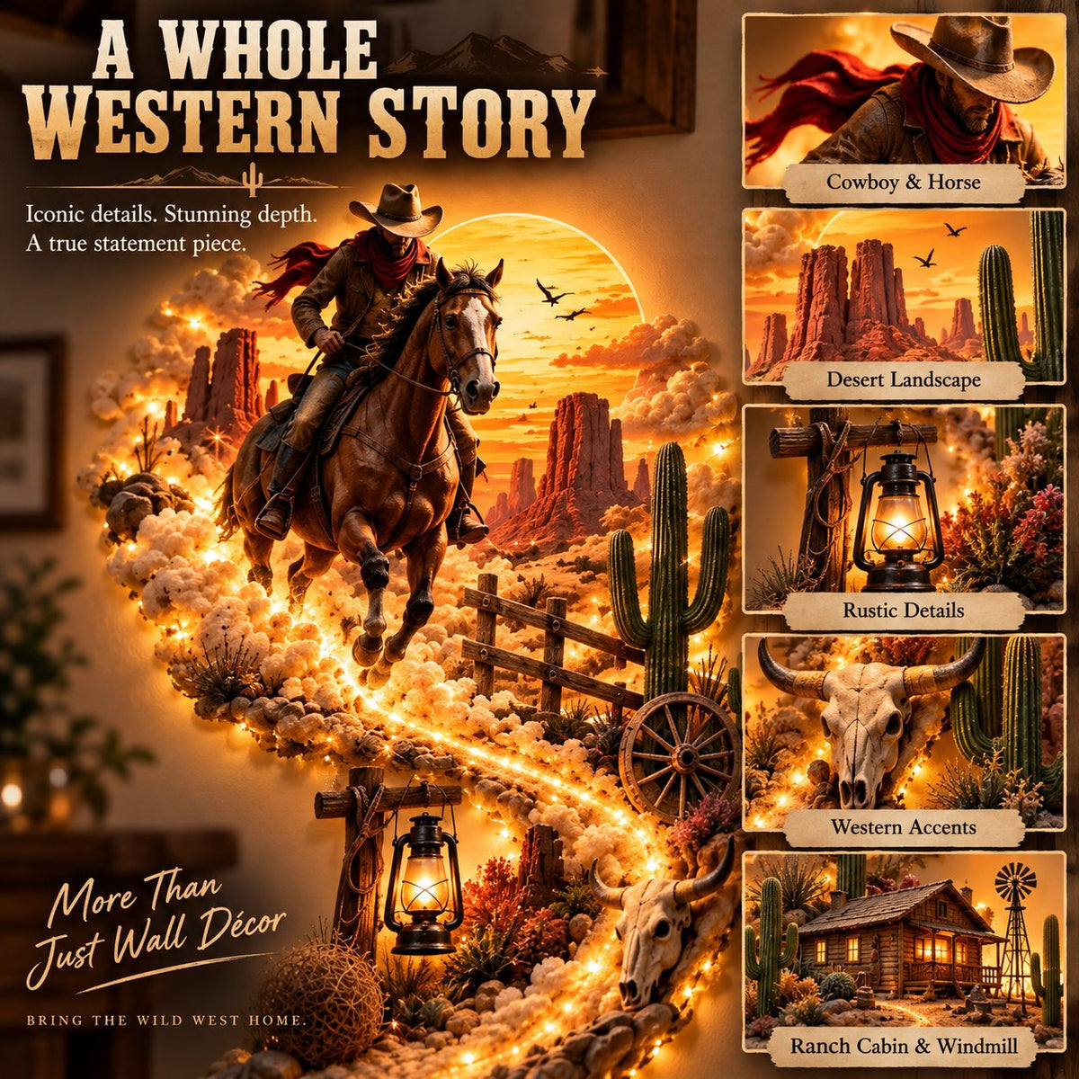 🔥 Limited-Time Offer! 49% OFF - 🤠 Western Cowboy LED Wall Light – Wild West Desert Scene with Horseback Rider & Cactus