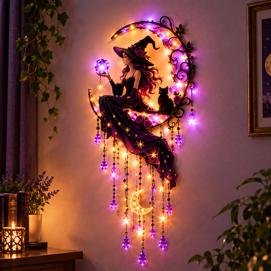 🌙Witch Moon Wall Light with Black Cat & Crystal Hanging Decor🌙