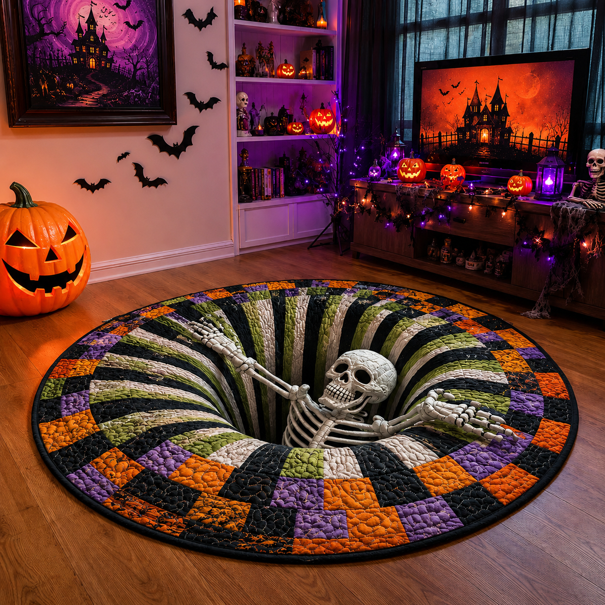 👻 3D Optical Illusion Skeleton Vortex Quilted Round Halloween Rug